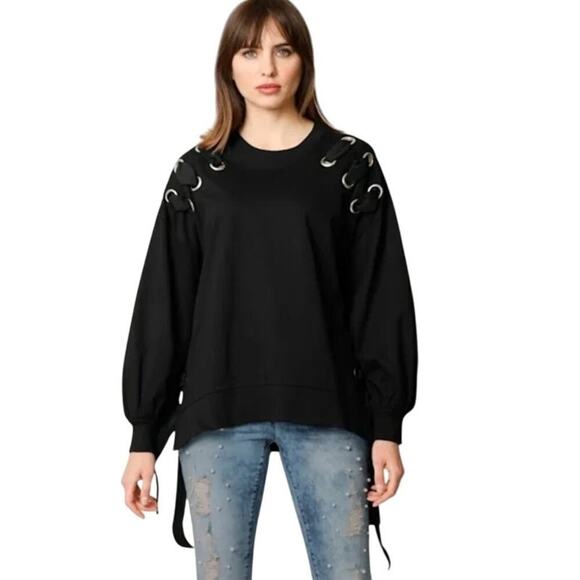 Dex Sweatshirt With Grommets And Ribbon Details Size Small Black Sz X( XL) - Picture 1 of 5